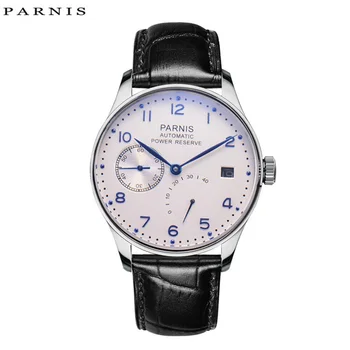 

Parnis 43mm Mechanical Watch Men Calendar Waterproof Automatic Self Wind Watch Power Reserve Leather Strap Wristwatch Men