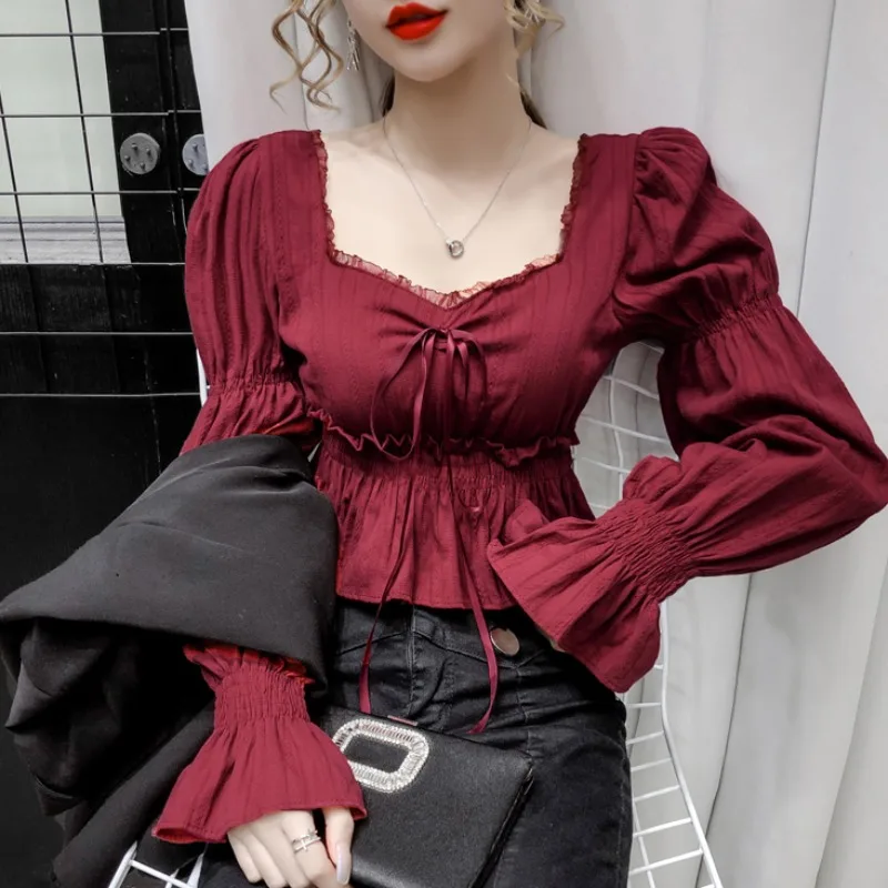 Women High Waist Tops Retro Long Puff Sleeve Lace Trim Cropped Shirts Square Collar Short French Palace Lolita Princess Blouses