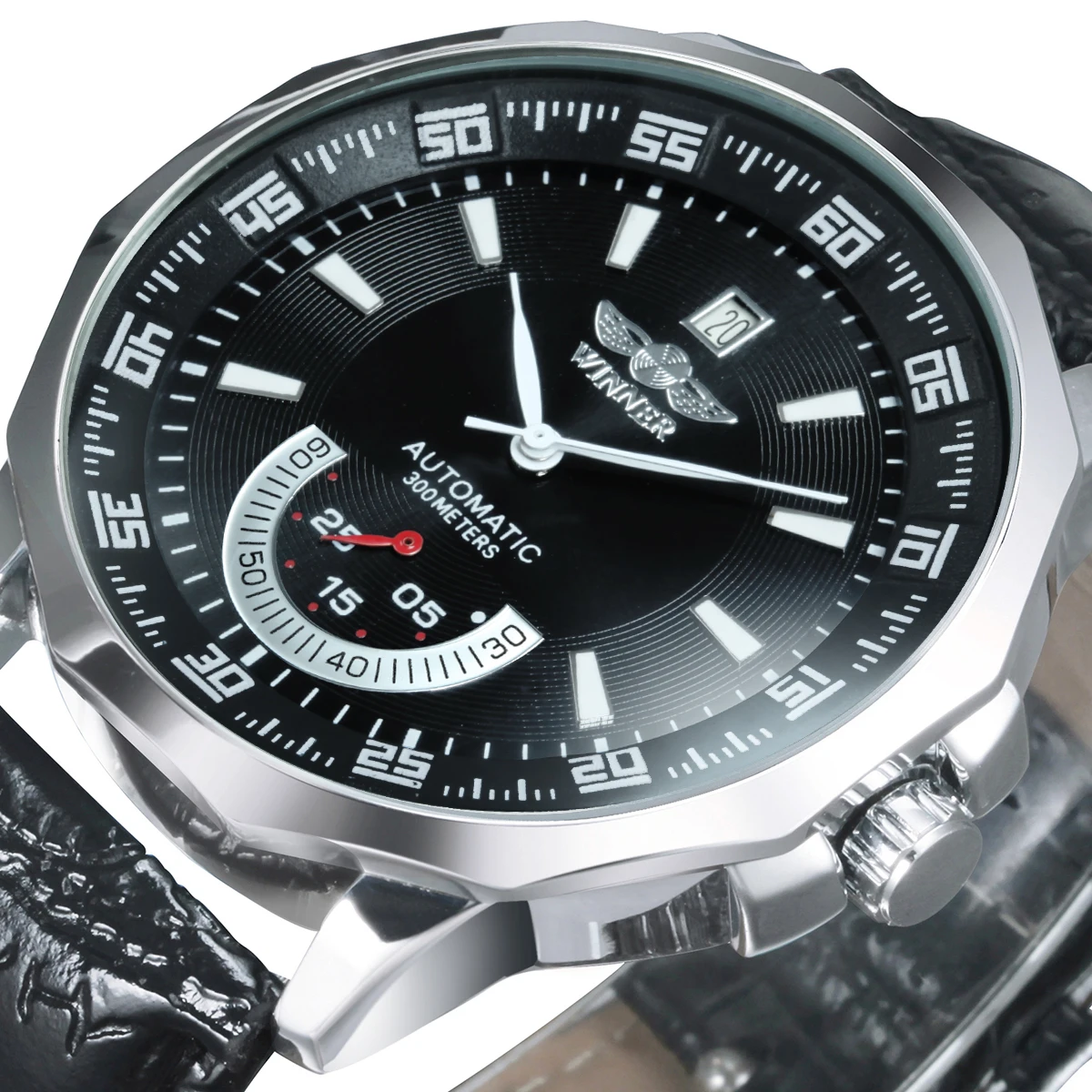 Mechanical-Watch Leather-Band Dials Classic Auto-Date WINNER Silver Official Top-Brand