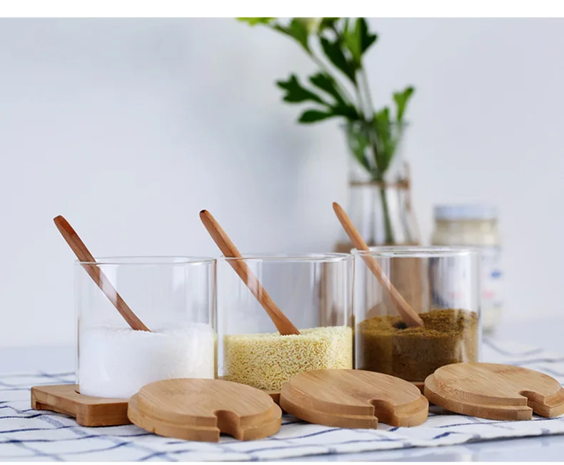 3 в 1 стеклянные травы мельницы для специй дробилка стеклянная соль сахар чай сухие товары бак для хранения с деревянной ложкой кухонная утварь специй