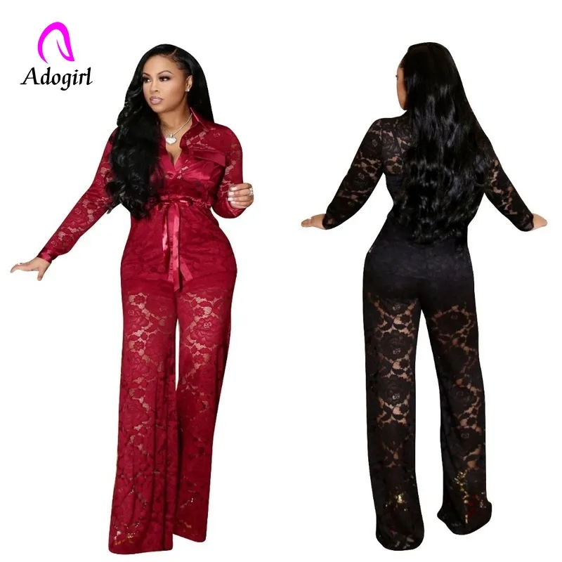

Burgundy 2019 Winter Lace See Through Tracksuit Women Set Shirt + Wide Leg Pants Lady Outfit Sexy 2 Two Pieces Set Office Lady
