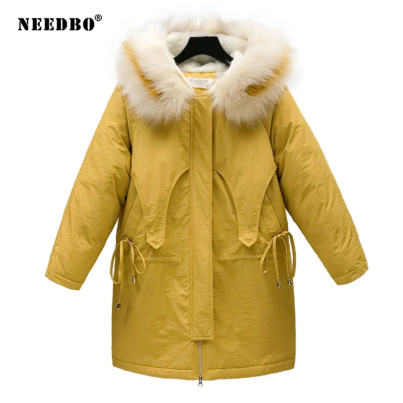 

NEEDBO/теплые женские зимние пальто, зимняя куртка-пуховик, Женская длинная парка с меховым воротником, Повседневная стеганая верхняя одежда, Черное длинное меховое пальто для женщин