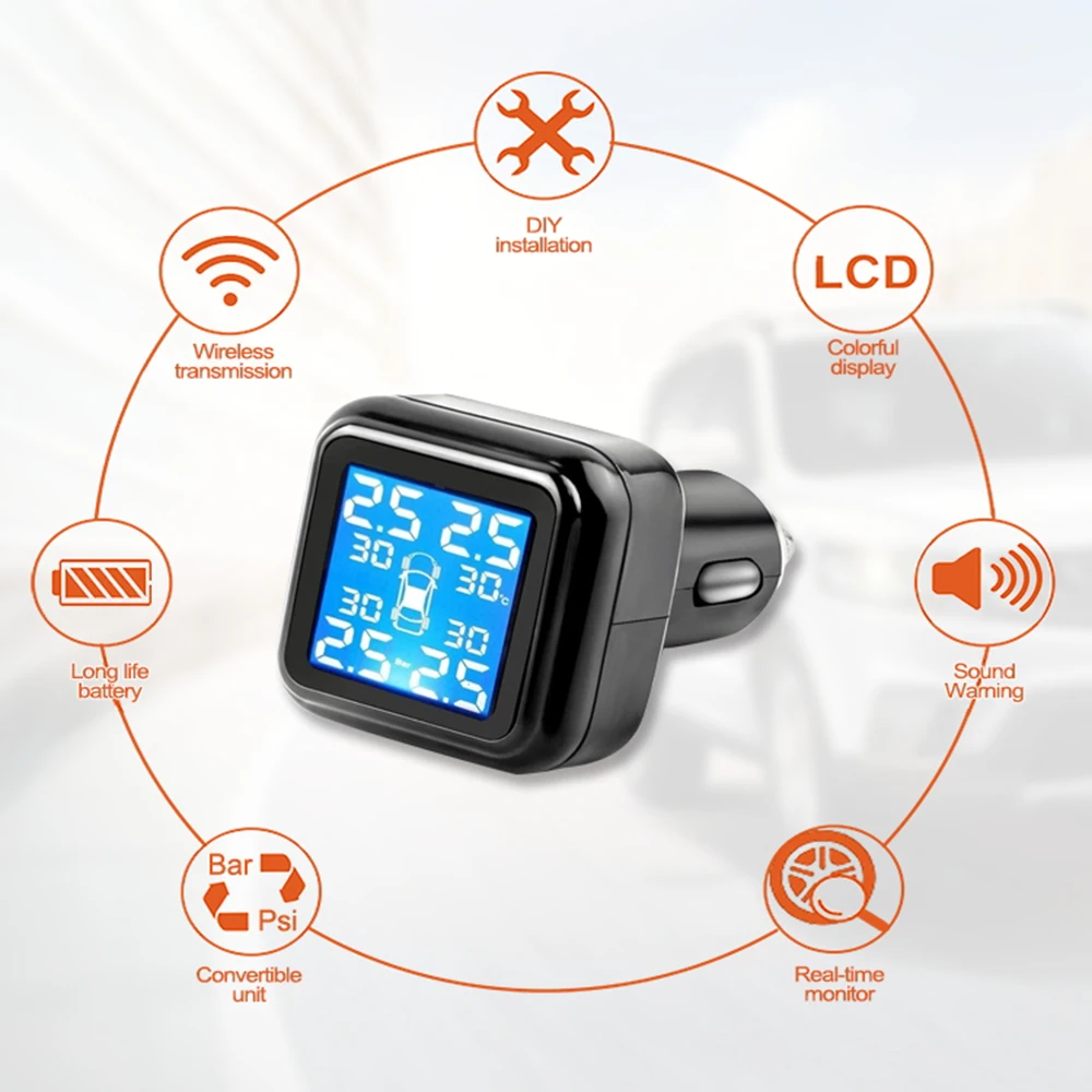 

TPMS Car Tire Pressure Alarm Monitor System 4 External Internal Sensor Auto Tyre Cigarette Monitoring New T05W T05N 5