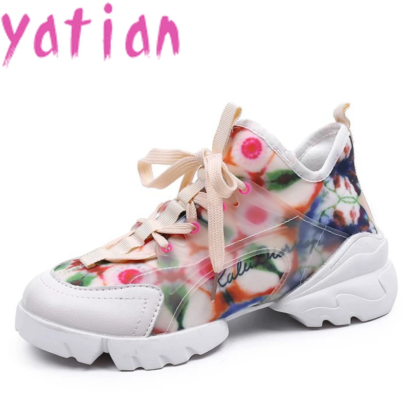 

Women Chunky Sneakers Fashion Flowers Ladies Platform Shoes Lace-up White Women's Vulcanized shoes zapatillas mujer YT-21