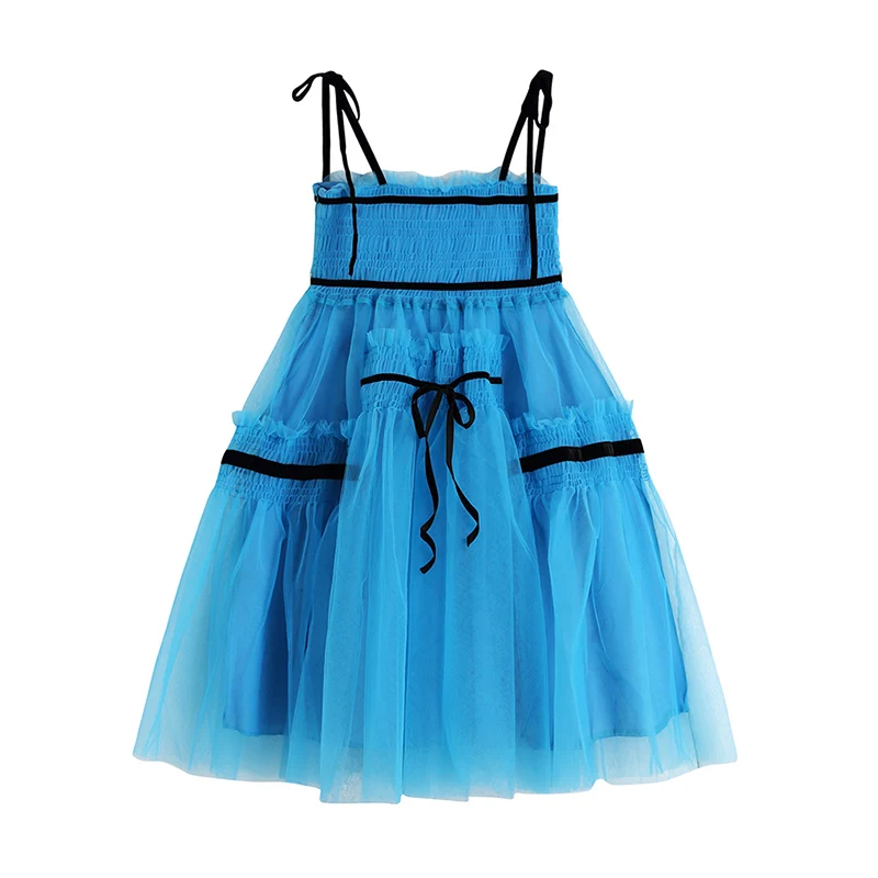 Women Casual Dress Fashion Chic Blue Fluffy Dress Suspenders Sexy Party Lace Design  dress High Waist Fairy  Short Dress 2021 Ne 2