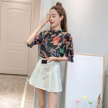 

New Autumn Summer Women's Blouse Floral Print O-Neck Blouse Half Sleeve Loose Pullover Chiffon Blouse Top(With Boob Tube Top)