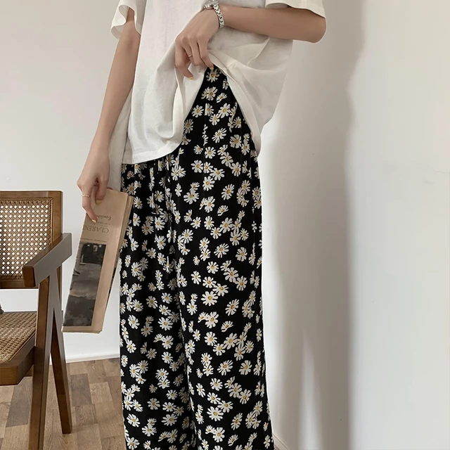 Womens Pants Summer Casual Loose Women Split Up Chiffon Trousers Vintage  Floral Print High Waist Wide Leg Pant Black White From Vonwafer, $19.61 |  DHgate.Com
