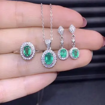 

Fashion simple Round Natural green Emerald gem S925 silver ring Pendant earrings natural gemstone Jewelry Set girl party jewelry