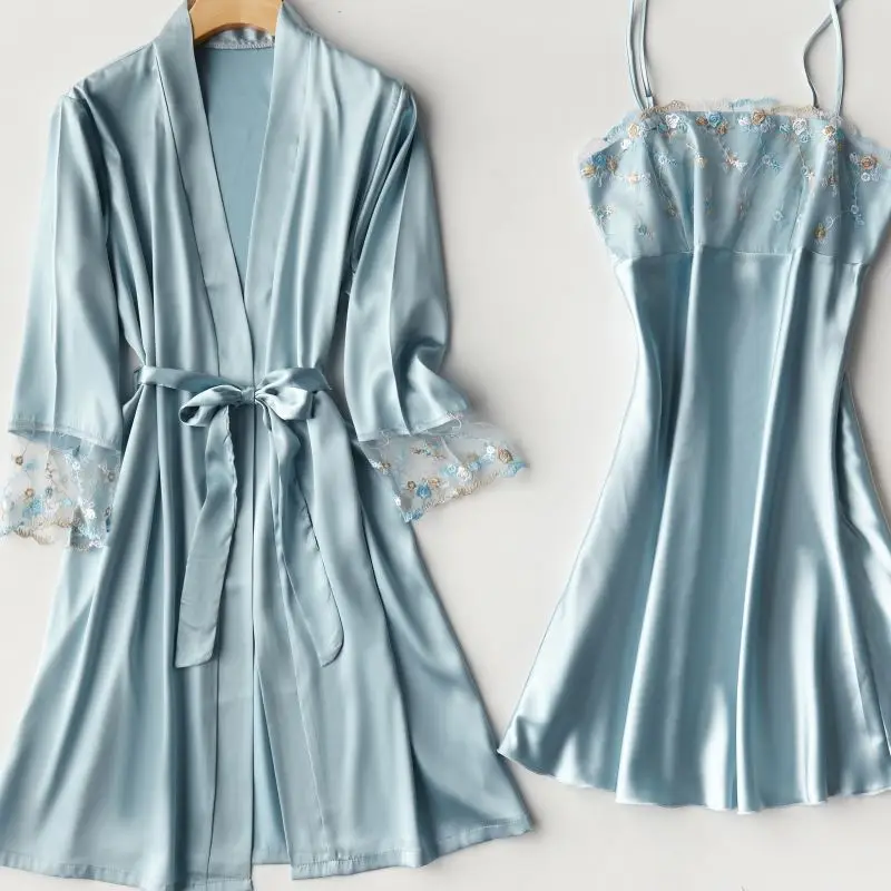 

Sexy Lace Women Pajamas Set Female 2PCS Nighty&Robe Suit Sleepwear Silky Intimate Lingerie Casual Soft Patchwork Nightwear