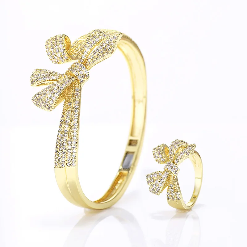 

VERY GIRL Fashion Women's Brilliant Bow Knot Bracelet & Rings Gold Plating Micro Pave Cubic Zircon Jewelry Set 2019