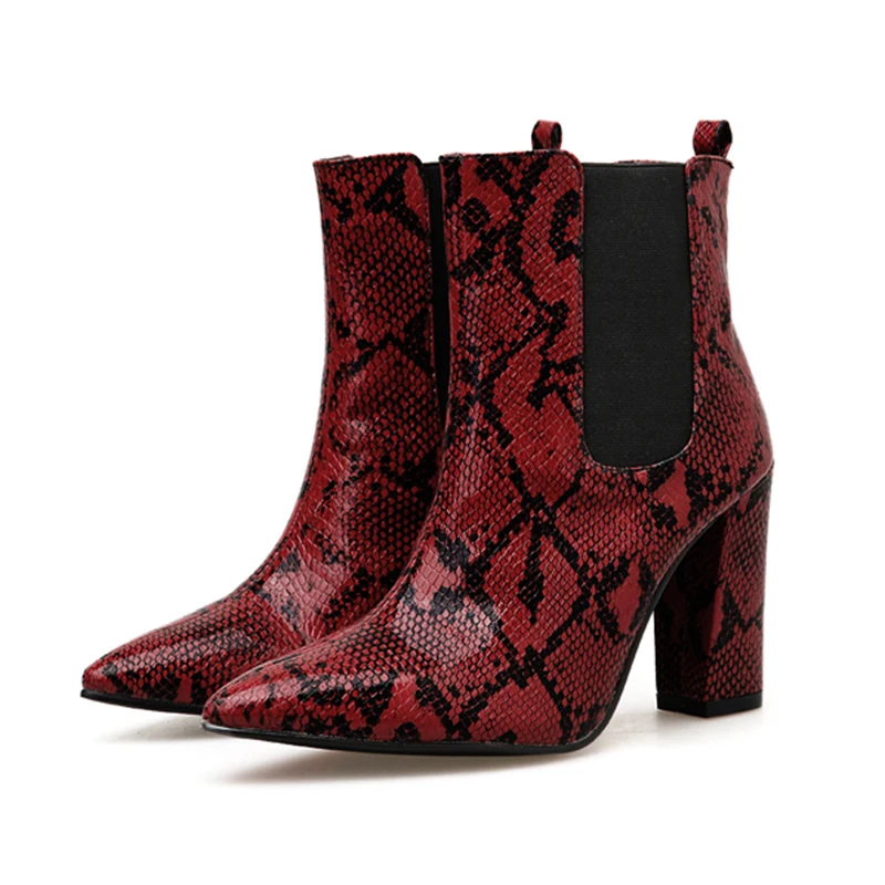 

Red Snakeskin Boots Pointed Toe Boots Ankle Snake Print Womens Booties Platform Zapatos De Mujer Short Boots Women Shoes