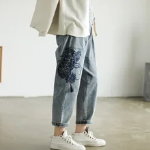 Осенние джинсы женские Ретро Свободные повседневные джинсовые брюки новые женские с вышивкой и эластичным поясом карман с бахромой винтажные джинсовые брюки