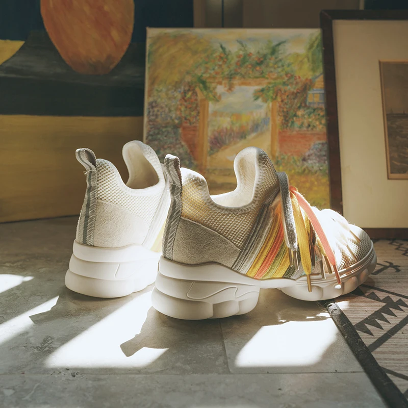 Buono Scarpe/радужные вязаные повседневные кроссовки со шнуровкой; женские кроссовки на толстой подошве для папы; разноцветная кожаная спортивная обувь;
