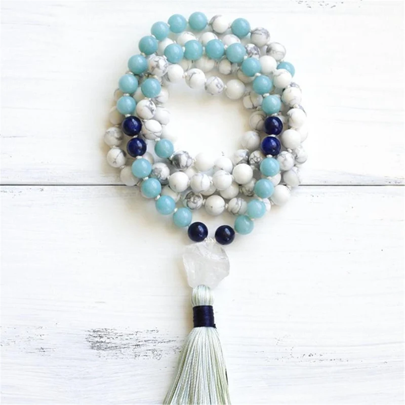 8mm Natural Howlite 108 Beads Handmade Tassel Necklace Healing Unisex Lucky Spirituality Mala Prayer Religious Buddhist Men