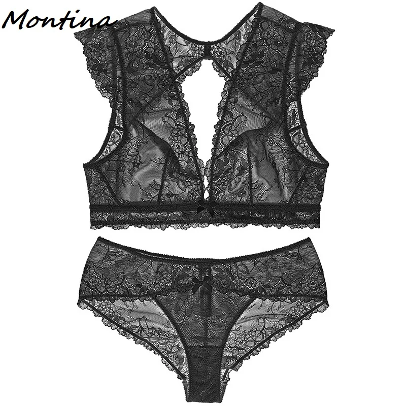 Черный Bra and Panty Set Transparent Bra Ultra Thin Bra Unlined Wire Free Lace Clearance Deep V See Through Sexy Underwear Set Women - Цвет: Черный