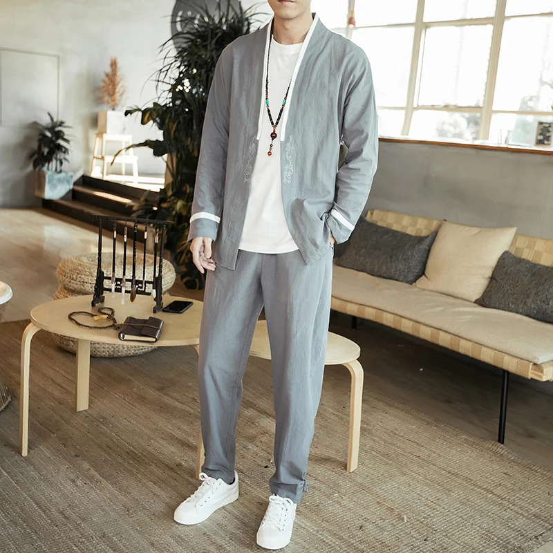 

2020 Spring New Chinese style Embroidery Zen suit pattern fashion Trend Youth men Big code black Taoist robes casual sets