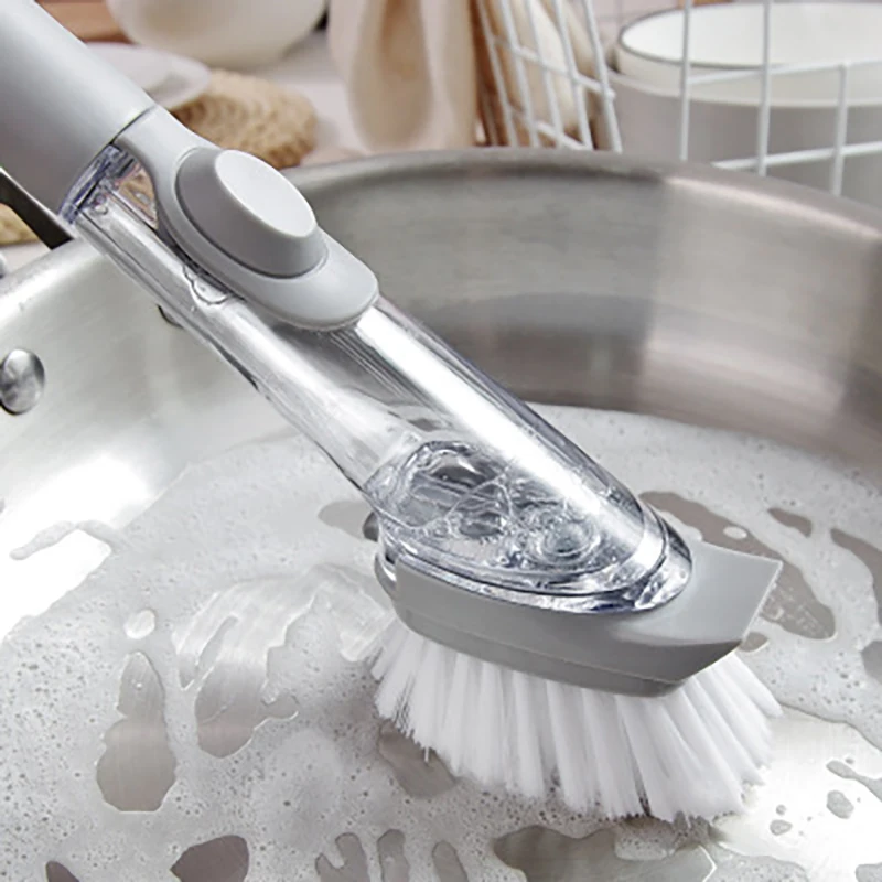 Herramientas de limpieza de cocina-cepillo de limpieza con mango largo 2 en 1, dispensador de esponja extraíble, conjunto de cepillos para lavar platos