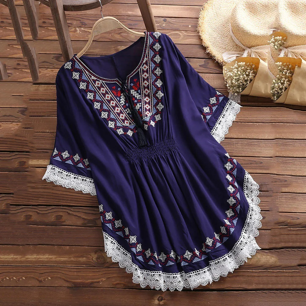 Boho Chic Этническая Вышивка Блузка женская белая рубашка Женская Туника рубашки