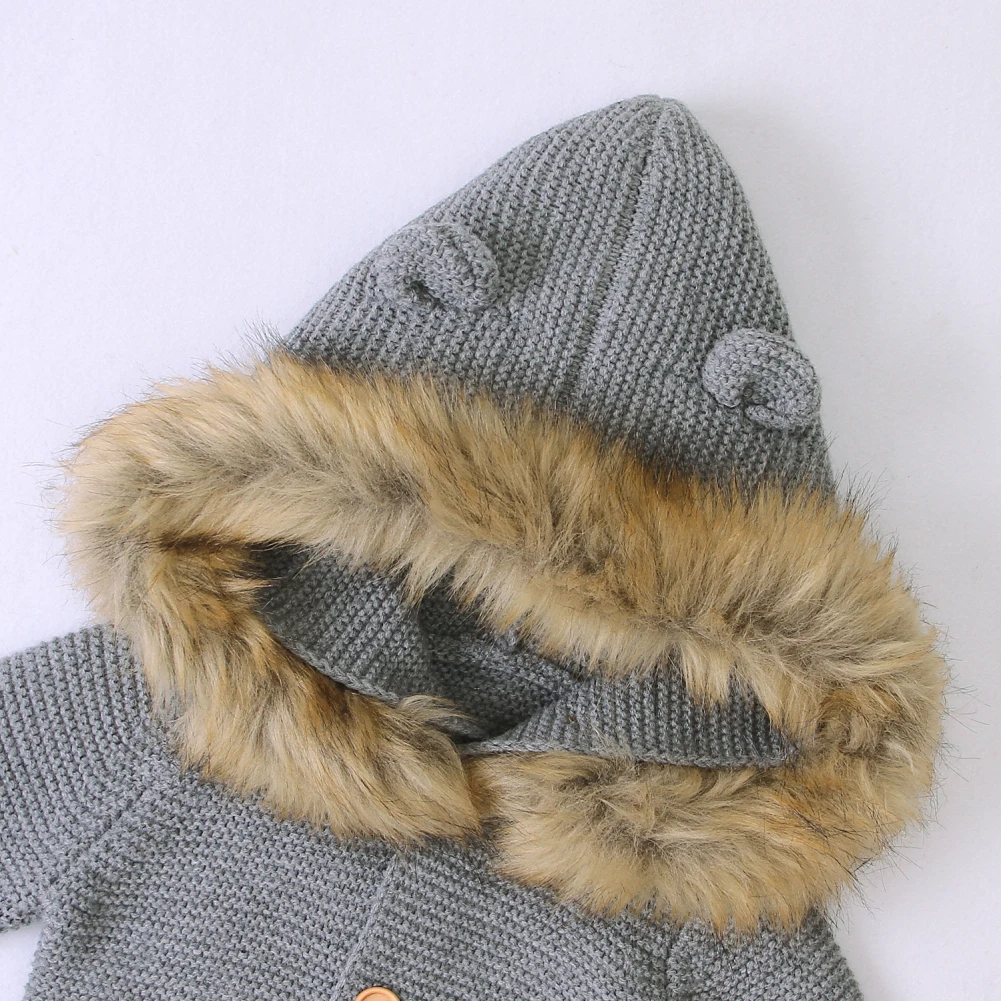 Зимний комбинезон для новорожденных мальчиков и девочек, Теплый Вязаный комбинезон с капюшоном, пальто на пуговицах, одежда