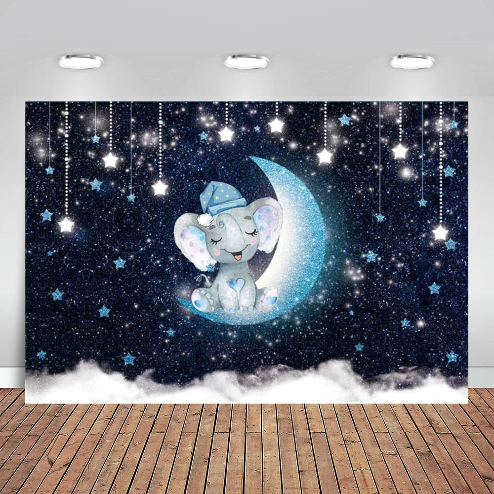 Blue Elephant Twinkle Twinkle Little Star Sfondo Glitter Star Ry Night Boy Baby Shower Compleanno Fotografia Sfondo