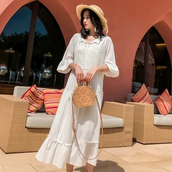 

Jastie Vintage Solid White Women 2 Piece Set Dress Turn Down Collar Flare Sleeve Semi Sheer Dress Retro Chic Casual Vacation Set