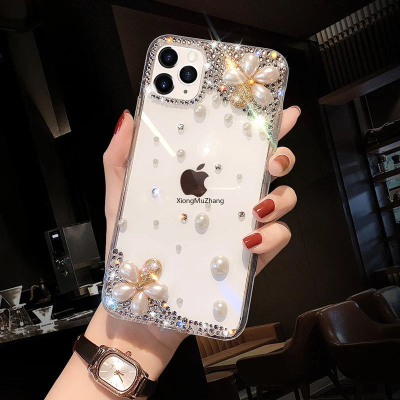 

Flower Phone Case for Redmi Note 10 Pro Note 11 Note9 8 Pro 8T for Redmi 10 9 9A 9C 8 8A 7 Handmade Rhinestone Bling Clear Cover