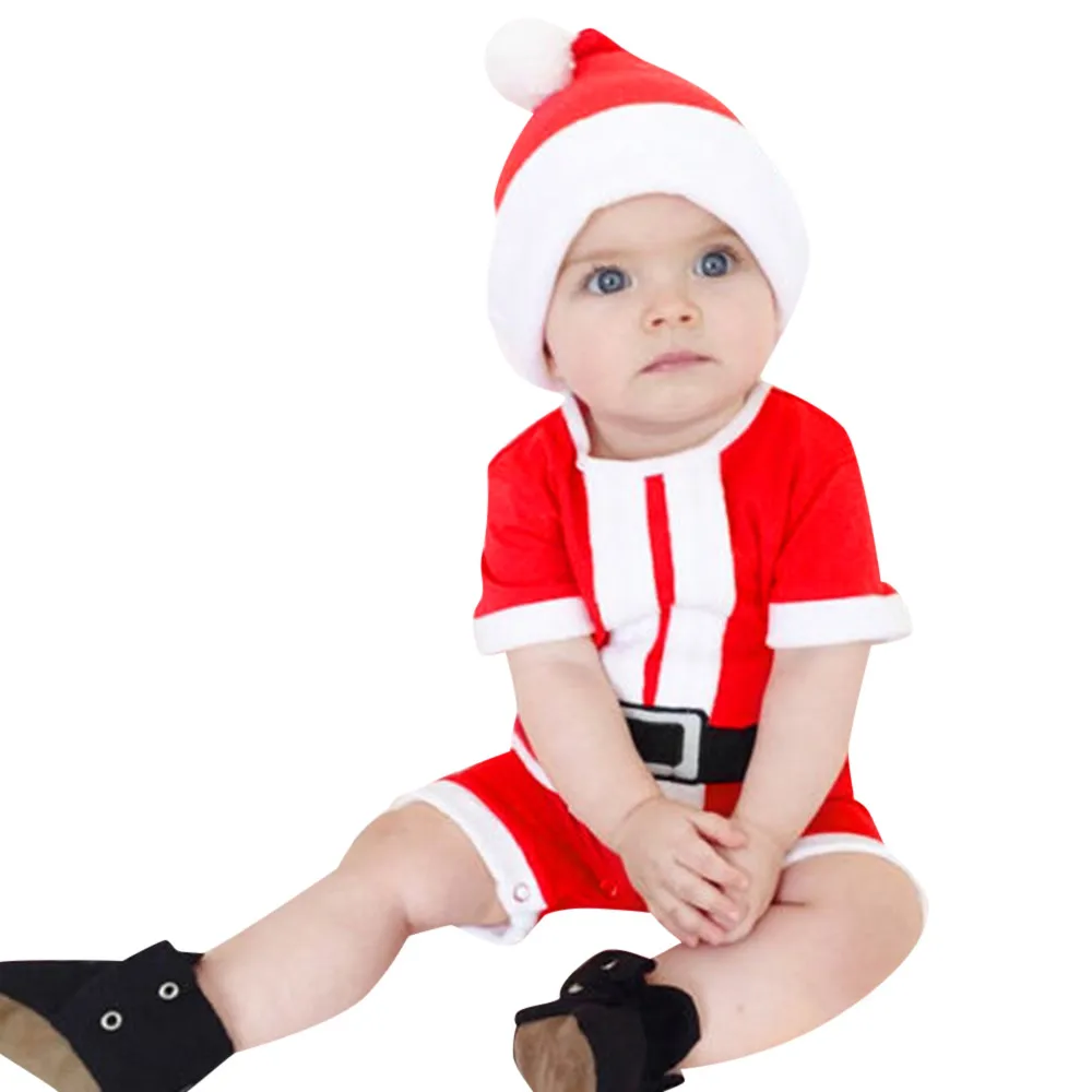 Модная одежда для детей, детская одежда для девочек комплекты хлопкового детского белья с О-образным вырезом для новорожденных, для маленьких мальчиков Рождественский костюм Санта Клаус шляпа Детская одежда H4