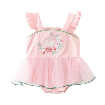 

baby bodysuit embroidery rabbit floral pattern chinese style pink color summer baby clothes