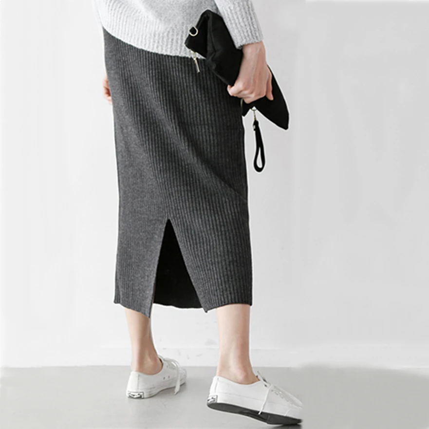 Women Skirts Elastic Autumn Winter Warm Knitted Straight Skirt plus size Mid-Long Skirt Black