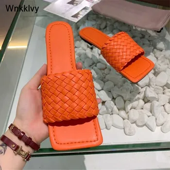 

New Summer Beach Slipper Shoe Hand Woven Woman Flipflops Square Toe Slip on Lazy Mullers Shoes Casual Outdoor Wear Female