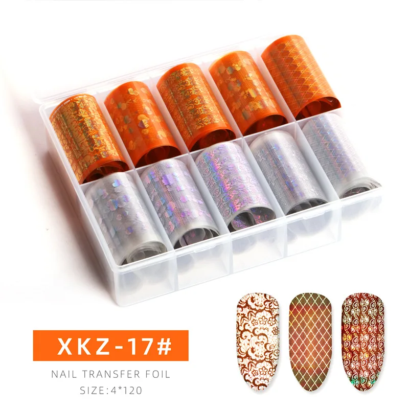 XKZ-17 10 рулонов/коробка 120 см дизайн ногтей перевод рисунка фольги стикер s ногтей Лазерная Звезда наклейка бумажный стикер s набор гвоздей аксессуары для ногтей - Цвет: XKZ-17