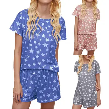 

BB 2PCS Women Star Print Pyjamas, Short Sleeve Round Neck T-shirt Elasticated Waist Shorts Set Casual Style Nightclothes