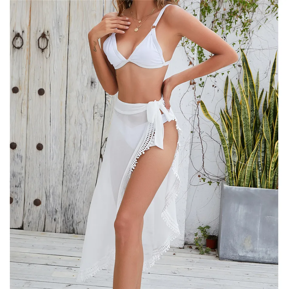 CHYAOWU0130 White Chiffon Sexy Bandage Irregular Lace Stitching Skirt Beach Outing Women's Swimwear 2021 Solid Bohemia Beachwear