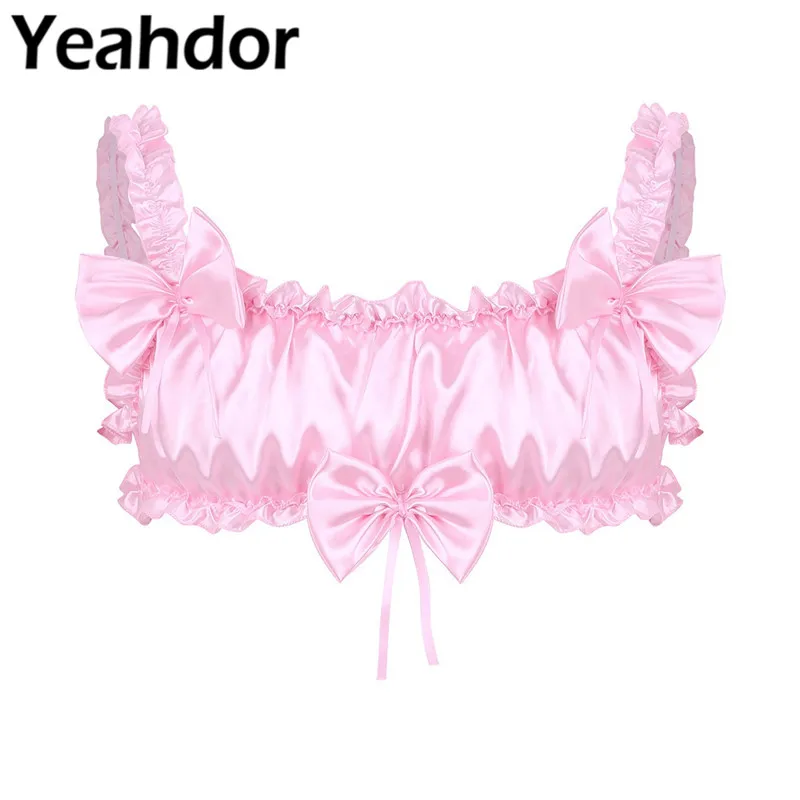 

Mens Sissy Lingerie Smooth Soft Satin Ruffled Frilly Elastic Wide Shoulder Straps Backless Wire-free Bra Top Gay Sexy Underwear
