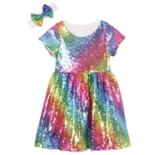 Радужное платье с блестками для девочек; Детские Вечерние платья с золотыми блестками; розовое свадебное платье для выпускного вечера; летнее платье с короткими рукавами для малышей