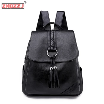 

High Quality Soft Leather Women Backpack Fashion School Backpacks Female 2019 New Casual Large Capacity Tassel Shoulder Bags