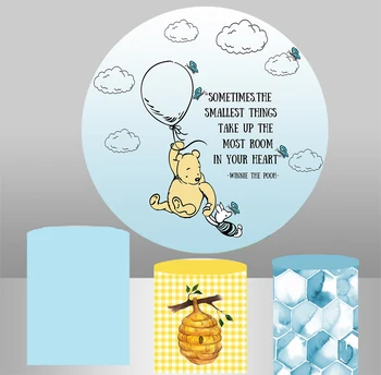 

Round Circle Background Cartoon Winnie The Pooh Backdrop Baby Shower Birthday Party Table Cover Cloudy Blue Balloon