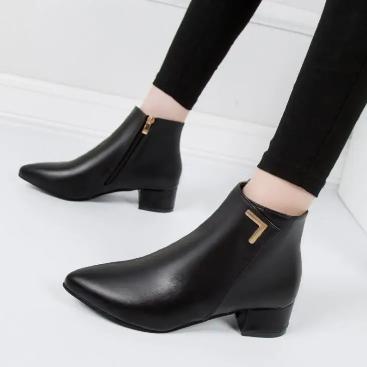 

NEW Fashion Women Boots Casual Leather Low High Heels Spring Martin Shoes Pointed Toe Rubber Ankle Boots Black Red Zapatos Mujer