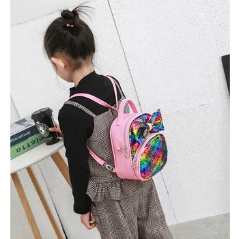 

2020 Children's Sparkling Bow School bag Fashion Sequined Backpacks Girls Cute Outing Snacks Small Backpack