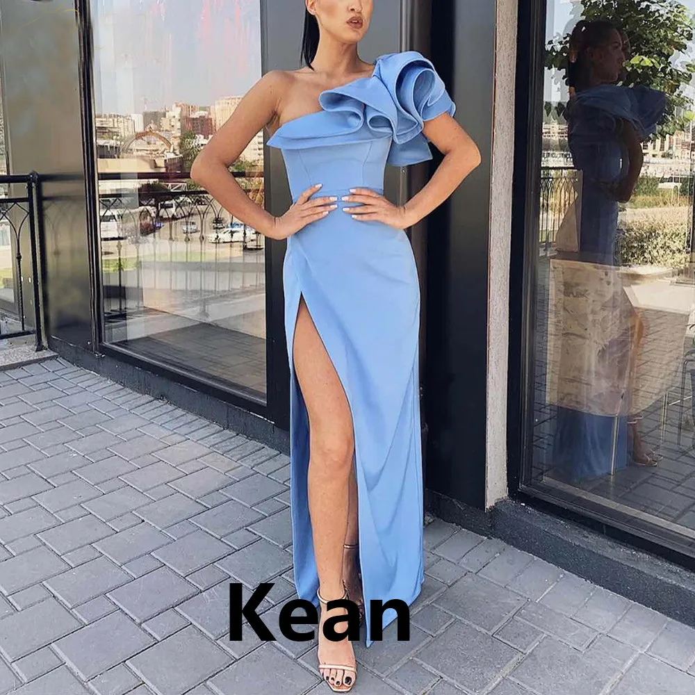 

Blue Evening Dress Slit Ruffle Flower Special Occasion robe soiree Islamic Dubai Kaftan Saudi Arabic Evening Gown Prom Dress