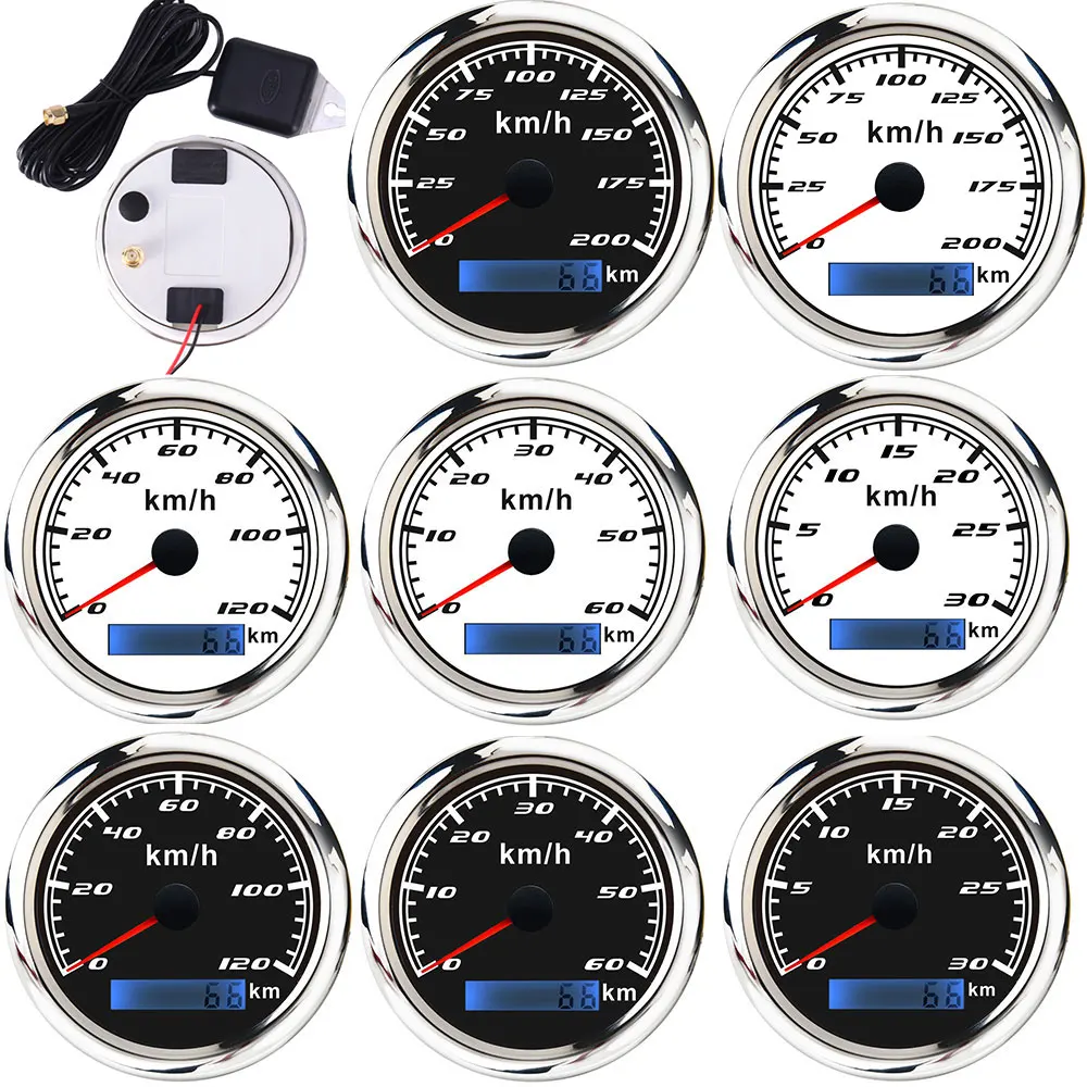 85mm Car Boat GPS Speedometer + GPS Antenna Odometer 0-200 km/h 12V/24V with Backlight for Motorcycle Yacht Vessel Vehicle
