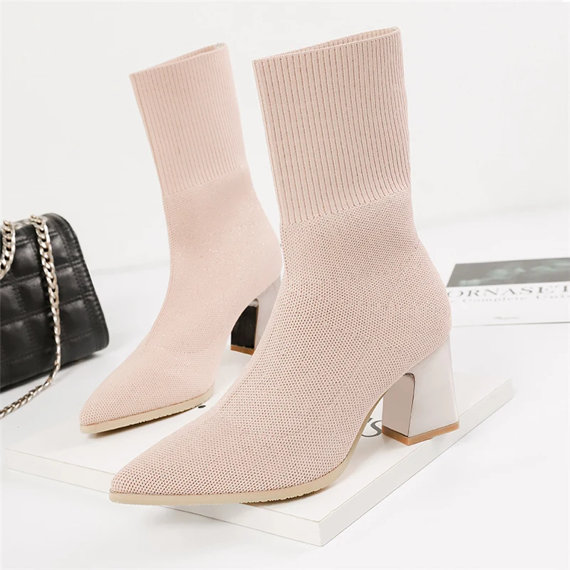 Женские Эластичные ботильоны эластичные розовые из стрейчевой ткани на блочном