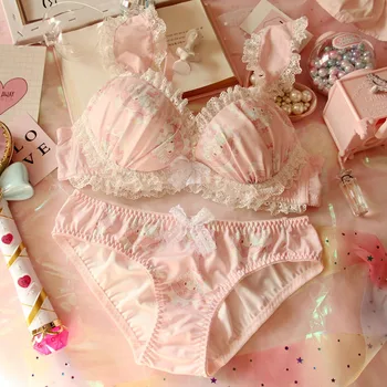 

Japanese Lolita lingerie set thin embroidery bra set sexy lace underwear set Floral bras for women Kawaii bra and panty set