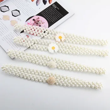

Luxury Pearl Women Waist Belt Daisy Ladies Dress Belts Elastic Buckle Chain Female Belt Crystal Strap Waistband
