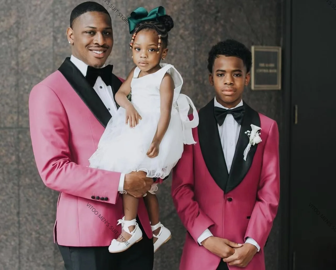 

New Fashion Pink Father And Son Matching Suits 2 Piece(Jacket+Black Pant) Tuxedos For Wedding Flower Girl Kids Tuxedo Suit