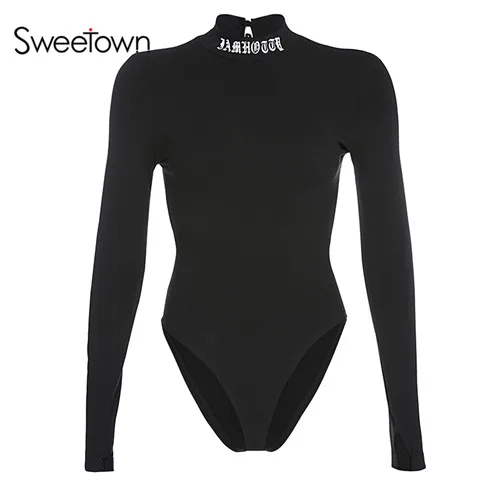 black Sweetown осень Черный боди с длинными рукавами сзади полые сексуальные вечерние женская комбинация с буквенным принтом Облегающий комбинезон с высоким воротом - Цвет: black