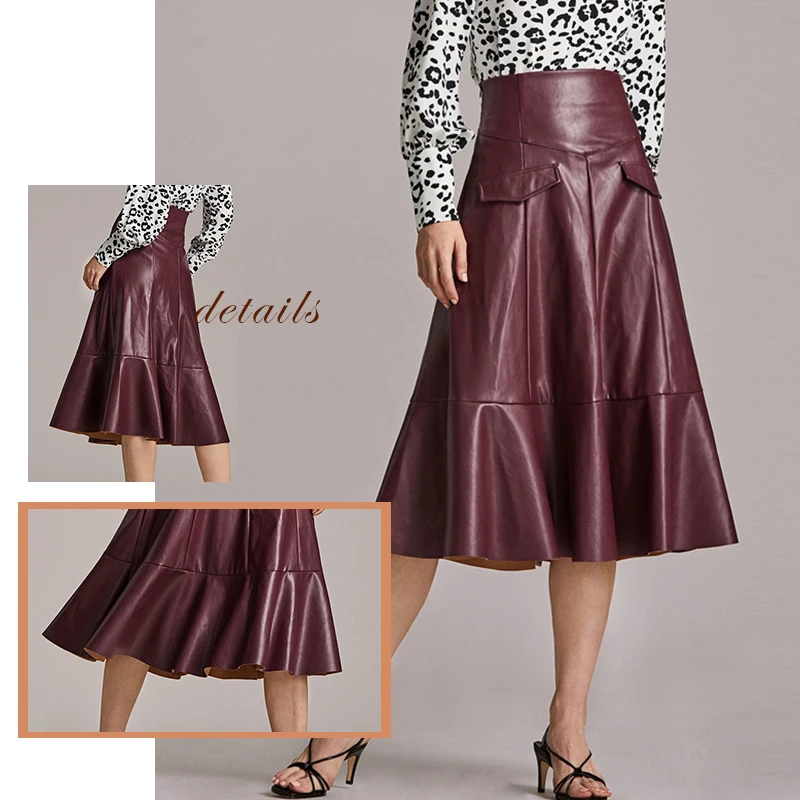 Sheinside бордовая Женская юбка из искусственной кожи с широким поясом на молнии, осень, женские юбки трапециевидной формы с декоративным карманом и оборками