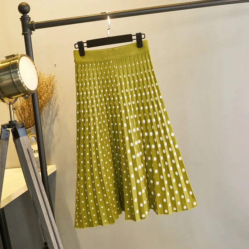 

2019 New Spring Fashion White Dot Contrast Color Pleated Elastic High Waist Wool Skirt All-match Female's Bottoms