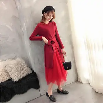 

Autumn Round Neck Mesh High Waist Knitted Dress Moto Biker Women Solid Long Sleeve A-Line Sweater Dress Midi Party Dress