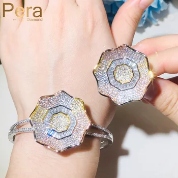 

Pera 3 Tone Gold Statement Big Flower Rings and Open Cuff Bangles Sets for African Nigerian Women Wedding Party CZ Jewelry Z059